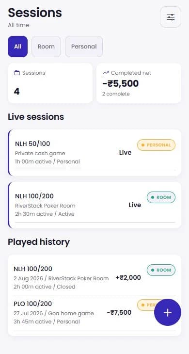 RiverStacks Player sessions showing official and privately tracked history